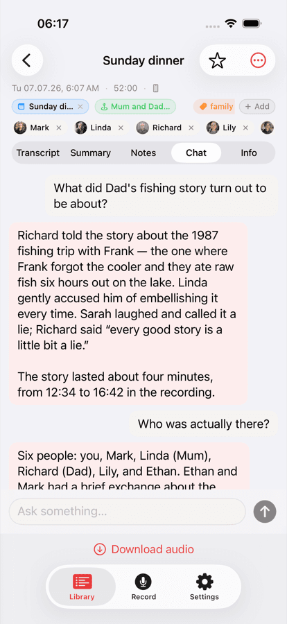 Recordd on iPhone: chatting with a recording, asking what a story was about
