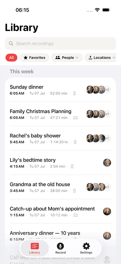 Recordd on iPhone: the library, grouped by day, with people and places