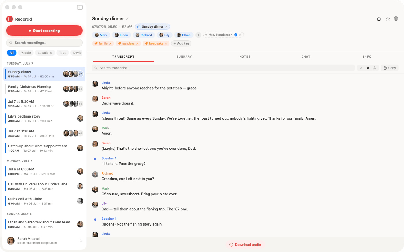 Recordd on Mac: a full speaker-labeled transcript with tags, people, and AI chat